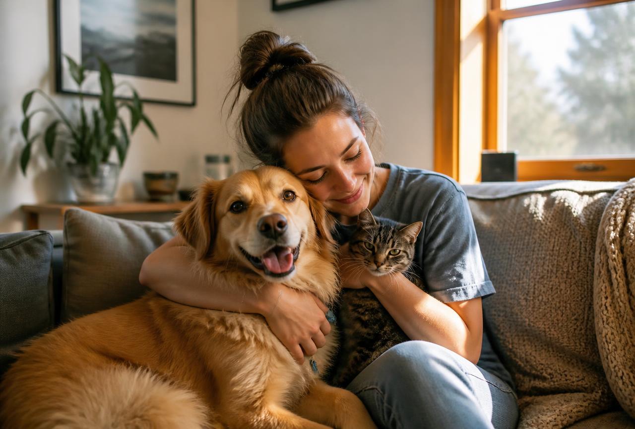 Tutora abraçando seu cão e seu gato em casa