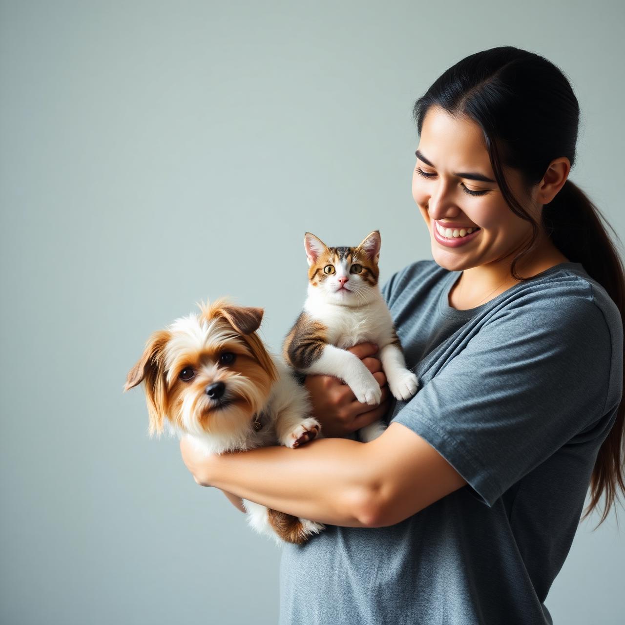 Tutora feliz segurando um cachorro e um gato — campanha 2º pet VetBonus